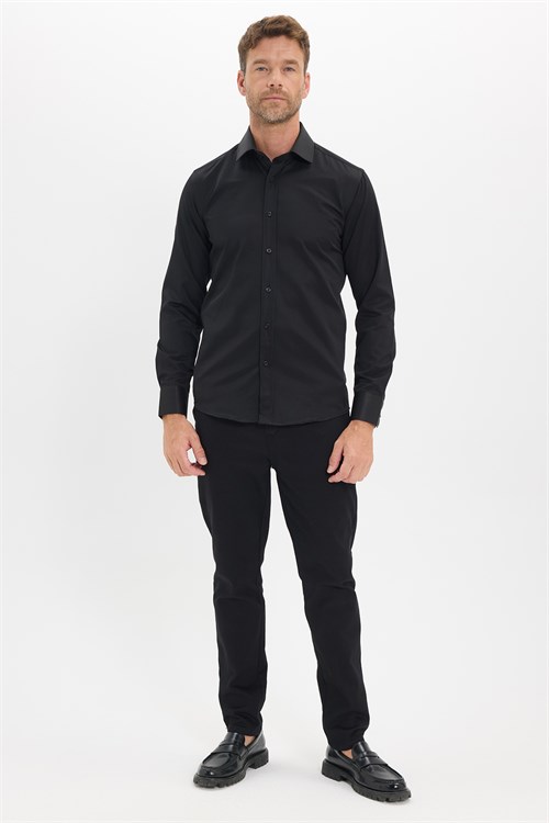 Erkek Modern Slim Fit Düz Saten Pamuklu Siyah Gömlek