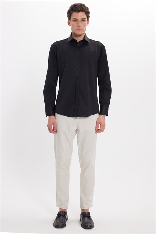 Erkek Modern Slim Fit Düz Saten Pamuklu Siyah Gömlek