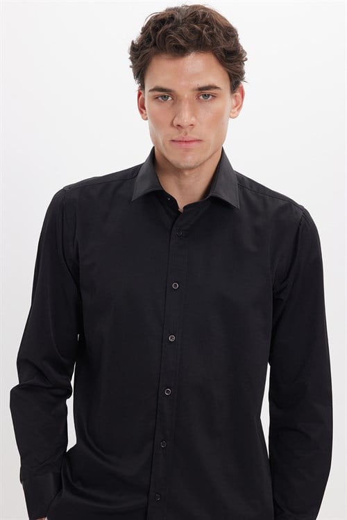 Erkek Modern Slim Fit Düz Saten Pamuklu Siyah Gömlek