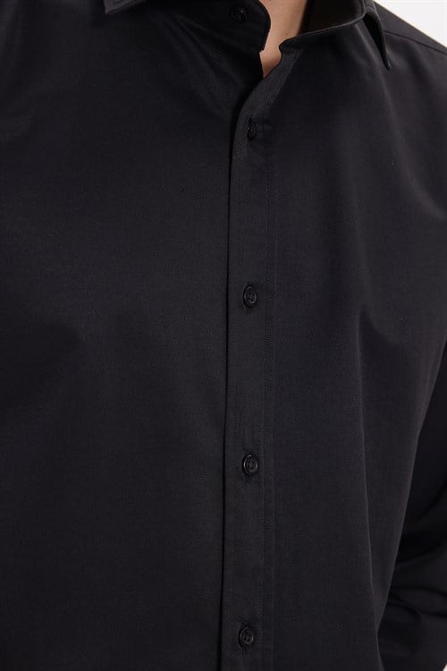 Erkek Modern Slim Fit Düz Saten Pamuklu Siyah Gömlek