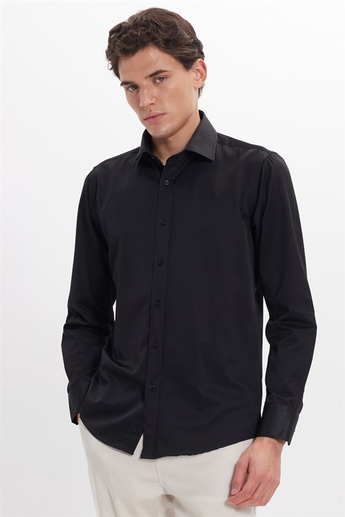 Erkek Modern Slim Fit Düz Saten Pamuklu Siyah Gömlek