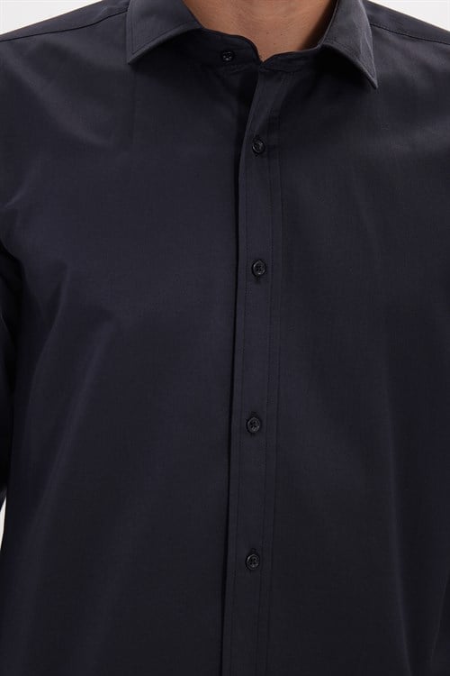 Erkek Modern Slim Fit Düz Saten Pamuklu Lacivert Gömlek