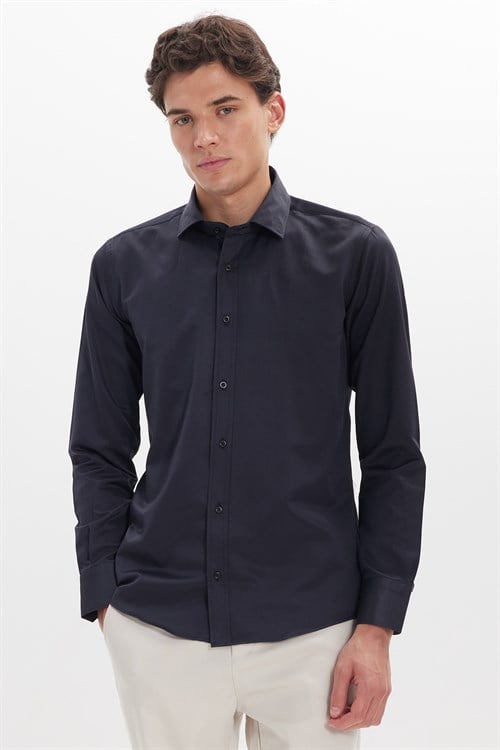 Erkek Modern Slim Fit Düz Saten Pamuklu Lacivert Gömlek
