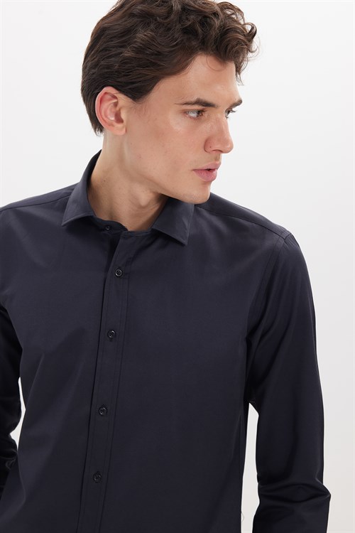 Erkek Modern Slim Fit Düz Saten Pamuklu Lacivert Gömlek