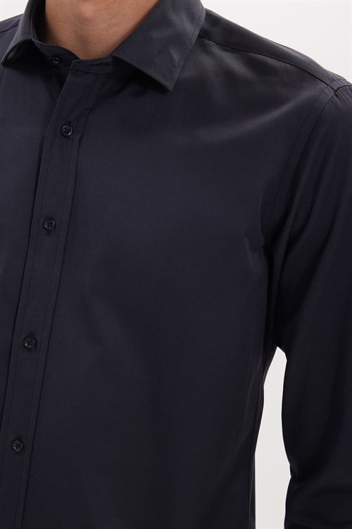 Erkek Modern Slim Fit Düz Saten Pamuklu Lacivert Gömlek