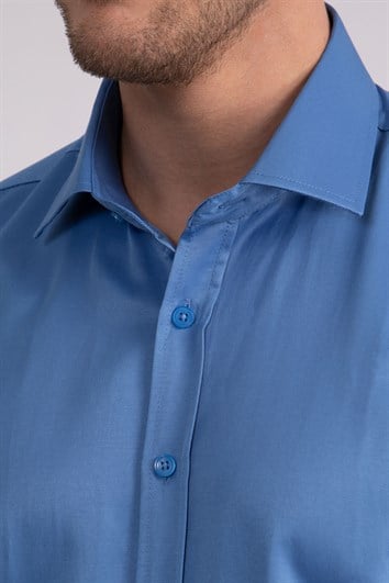 Erkek Modern Slim Fit Düz Saten Pamuklu Mavi Gömlek