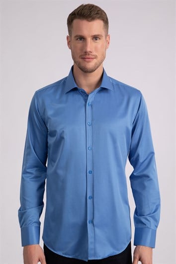 Erkek Modern Slim Fit Düz Saten Pamuklu Mavi Gömlek