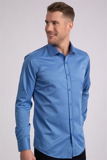 Erkek Modern Slim Fit Düz Saten Pamuklu Mavi Gömlek