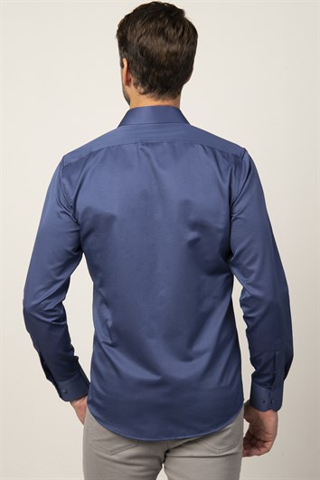 Erkek Modern Slim Fit Düz Saten Pamuklu Lacivert Gömlek