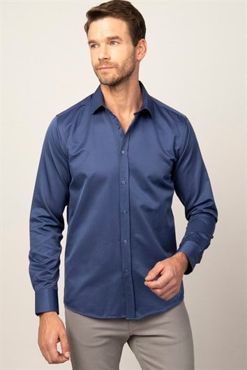 Erkek Modern Slim Fit Düz Saten Pamuklu Lacivert Gömlek