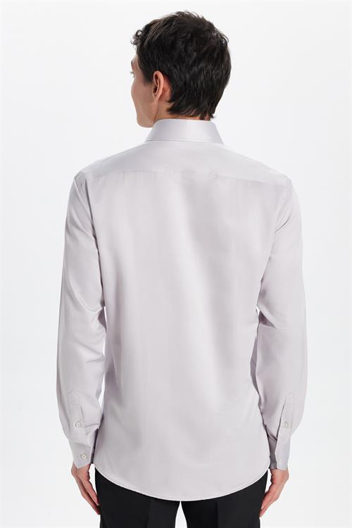Erkek Modern Slim Fit Düz Saten Pamuklu Bej Gömlek