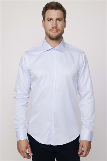 Erkek Modern Slim Fit Düz Saten Pamuklu Mavi Gömlek