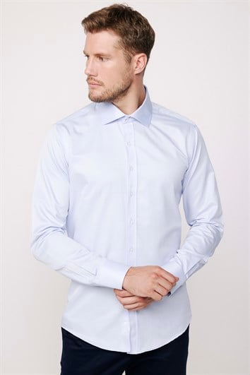 Erkek Modern Slim Fit Düz Saten Pamuklu Mavi Gömlek