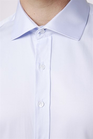Erkek Modern Slim Fit Düz Saten Pamuklu Mavi Gömlek