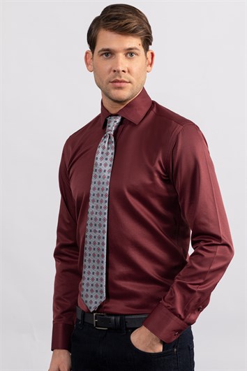 Erkek Modern Slim Fit Düz Saten Pamuklu Bordo Gömlek