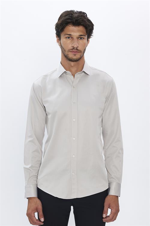  Erkek Modern Fit Dar Kesim Pamuklu Düz Saten Gri Gömlek