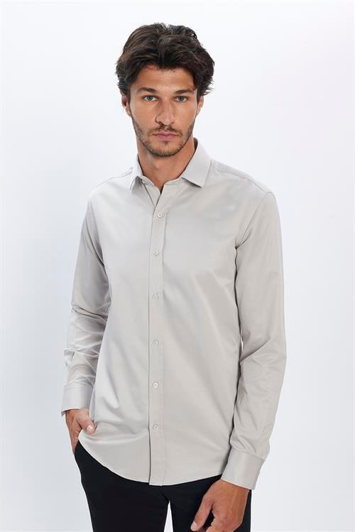  Erkek Modern Fit Dar Kesim Pamuklu Düz Saten Gri Gömlek