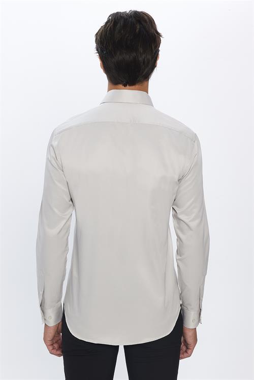 Erkek Modern Fit Dar Kesim Pamuklu Düz Saten Gri Gömlek