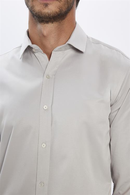  Erkek Modern Fit Dar Kesim Pamuklu Düz Saten Gri Gömlek