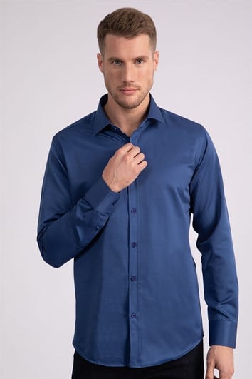 Erkek Modern Slim Fit Düz Saten Pamuklu İndigo Gömlek