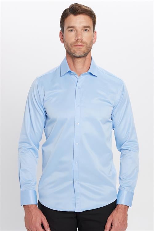 Erkek Modern Slim Fit Düz Saten Pamuklu Mavi Gömlek