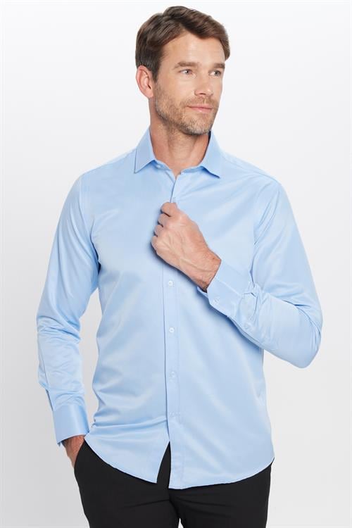 Erkek Modern Slim Fit Düz Saten Pamuklu Mavi Gömlek