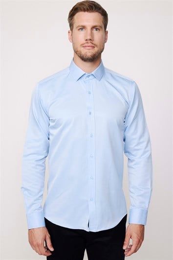 Erkek Modern Slim Fit Düz Saten Pamuklu Mavi Gömlek