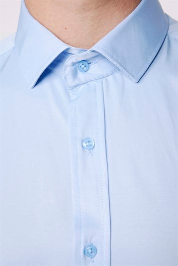 Erkek Modern Slim Fit Düz Saten Pamuklu Mavi Gömlek