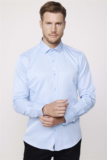 Erkek Modern Slim Fit Düz Saten Pamuklu Mavi Gömlek