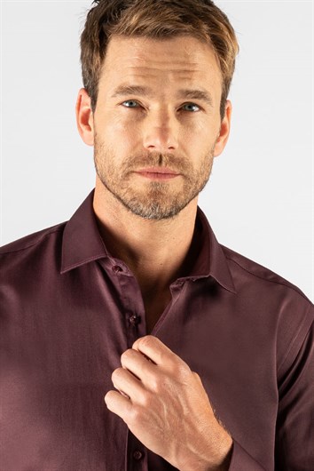 Erkek Modern Slim Fit Düz Saten Pamuklu Bordo Gömlek