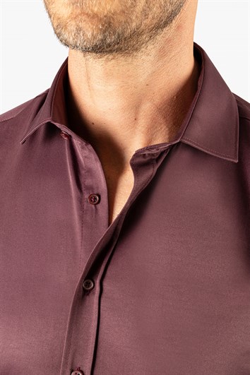 Erkek Modern Slim Fit Düz Saten Pamuklu Bordo Gömlek