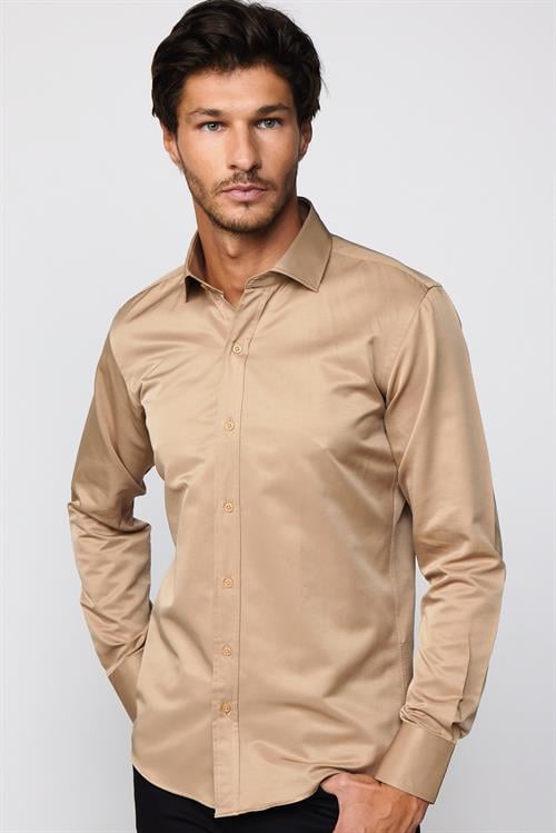 Modern Slim Fit Düz Saten Pamuklu Erkek Krem Gömlek TUDORS