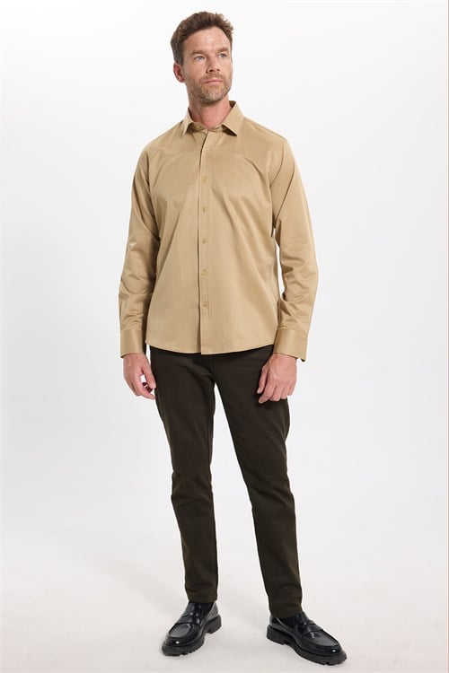 Erkek Modern Slim Fit Düz Saten Pamuklu Krem Gri Gömlek