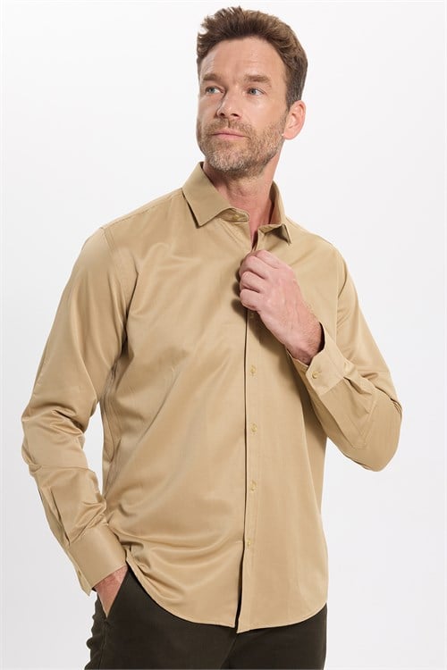 Erkek Modern Slim Fit Düz Saten Pamuklu Krem Gri Gömlek