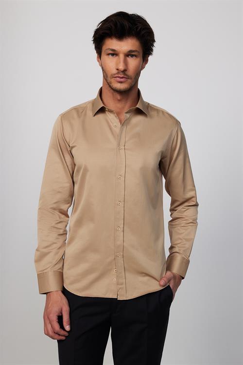 Erkek Modern Slim Fit Düz Saten Pamuklu Krem Gri Gömlek