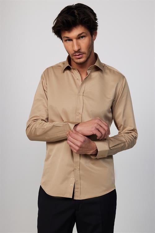 Erkek Modern Slim Fit Düz Saten Pamuklu Krem Gri Gömlek