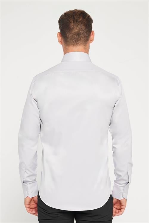 Erkek Modern Slim Fit Düz Saten Pamuklu Gri Gömlek