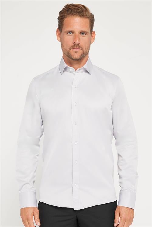 Erkek Modern Slim Fit Düz Saten Pamuklu Gri Gömlek