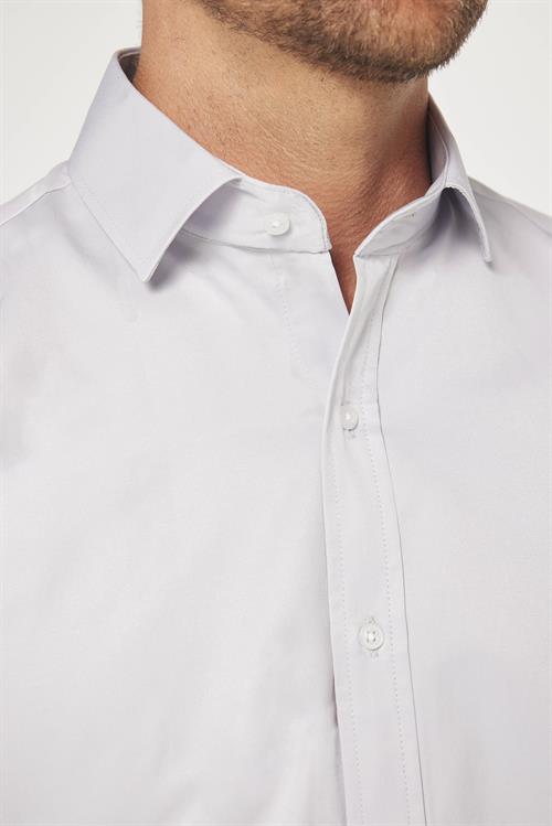 Erkek Modern Slim Fit Düz Saten Pamuklu Gri Gömlek