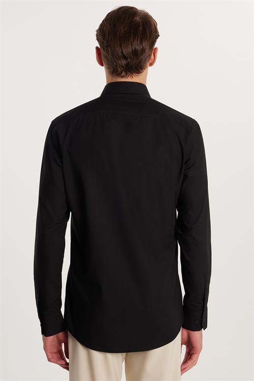 Modern Slim Fit Uzun Kollu Pamuklu Kolay Ütü Erkek Siyah Gömlek
