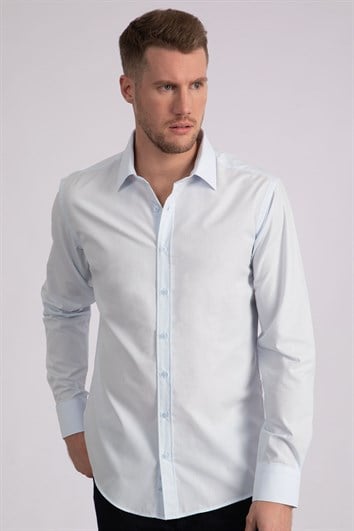Modern Slim Fit Uzun Kollu Pamuklu Kolay Ütü Erkek Mavi Gömlek