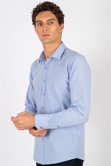 Modern Slim Fit Uzun Kollu Pamuklu Kolay Ütü Erkek Mavi Gömlek