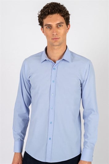 Modern Slim Fit Uzun Kollu Pamuklu Kolay Ütü Erkek Mavi Gömlek