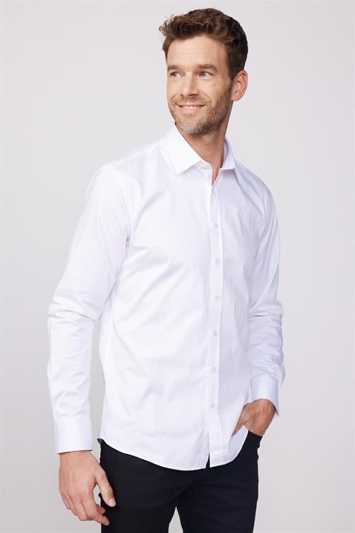 Modern Slim Fit Uzun Kollu Pamuk Saten Premium Seri Erkek Beyaz Gömlek
