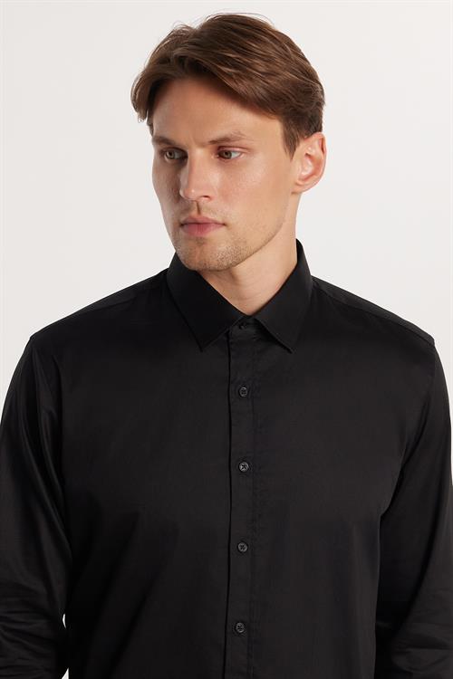 Modern Slim Fit Uzun Kollu Pamuk Saten Premium Seri Erkek Siyah Gömlek