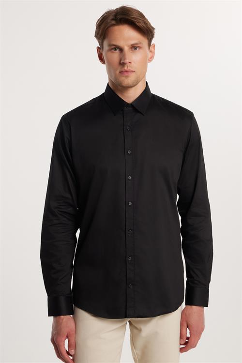 Modern Slim Fit Uzun Kollu Pamuk Saten Premium Seri Erkek Siyah Gömlek