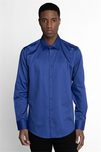 Modern Slim Fit Uzun Kollu Pamuk Saten Premium Seri Erkek Sax Mavi Gömlek