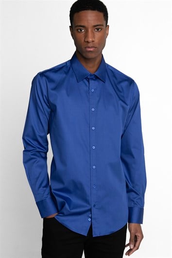 Modern Slim Fit Uzun Kollu Pamuk Saten Premium Seri Erkek Sax Mavi Gömlek