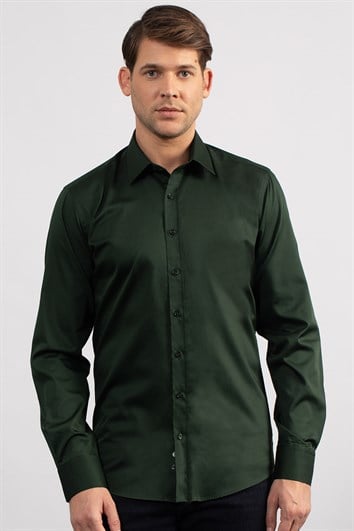 Modern Slim Fit Uzun Kollu Pamuk Saten Premium Seri Erkek Yeşil Gömlek