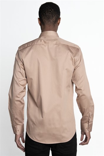 Modern Slim Fit Uzun Kollu Pamuk Saten Premium Seri Erkek Dore Kahve Gömlek